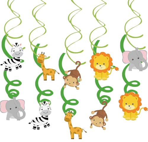 ZenyTra 20-TLG.Tier-Spiraldeko Set-10 Doppelspiralen + 10 Einzelspiralen mit Löwe,Elefant,AFFE,Giraffe & Zebra für Dschungel Motto Party,Safari Themen Dekoration & Stilvolle Zimmerdekoration