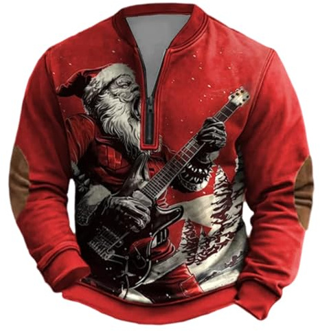 Generisch Sweat-shirt de Noël pour homme avec Père Noël rock - Pull Troyer avec guitare électrique et coudes - Haut festif de style motard, Style_k01 Rouge, XXL