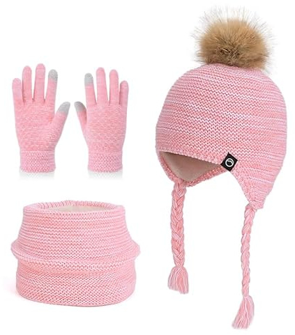 QKURT 3 in 1 Kinder Wintermütze Schal Handschuhe Set, Warme Wintermütze Beanie Touchscreen Handschuhe Runder Schal Set für Kinder Mädchen 4-10 Jahre