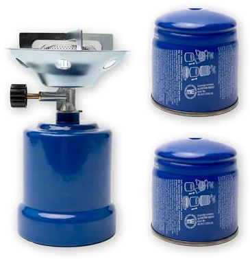 BESCH Hornillo de Camping + 2 Cartuchos de Gas 190g - Estufa de Gas para Camping, Acampada, Picnic - Mini Quemador Portátil Senderismo