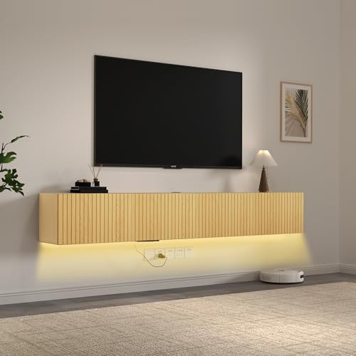71” Floating TV Stand with LED Lights & Charging Station, Wall Mounted Entertainment Center for 75 Inch TV, Floating Media Console Shelf with 4 Flip-Down Fluted Doors for Living Room, Bedroom, Oak