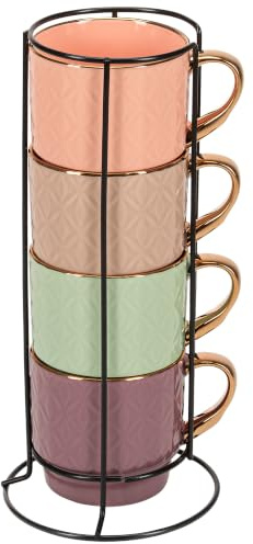 Festa Italia Kaffeetassen Set 4 Stück 340 ml Keramik mit Ständer | Große Kaffee Tassen mit Metallständer, stapelbar, Reliefoberfläche und goldfarbene Griffe