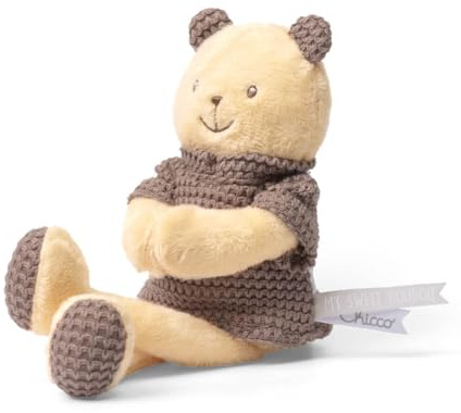 Chicco Plüsch Neugeborenen Kuschelbär aus weichem Velours,Interaktives Spielzeug mit klingelndem Sensor und Klettverschluss,Verschiedene Texturen zur taktilen Entwicklung, Geschenk zur Geburt, ab 0 M