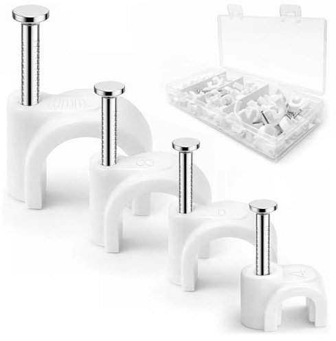 Cable Clips,4 Sizes Wire Clips Strong Nails Durable White Round Electrical Cable Wall Tidy Clips 4mm/6mm/8mm/10mm, 80 PCS for Ethernet Cable Telephone Line TV USB Cable