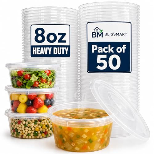 BLISSMART 8oz Round Plastic Food Containers With Lids 50 Pack 236ml Reusable Leak Proof Microwave Dishwasher Freezer Safe Food Storage Tubs Clear (50)