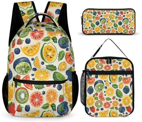 WECECE Mochila Estampado de Frutas Infantil Niños 3 en 1 con Lonchera Térmica y Estuche, School Bag para Niñas 6-11 Años, Regalo de Cumpleaños