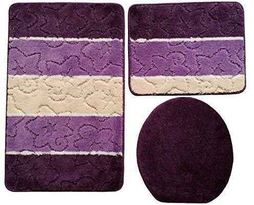 Ilkadim Orion Badgarnitur 3 TLG. Set 50x80 cm Mehrfarbig gestreift, WC Vorleger ohne Ausschnitt für Hänge-WC (Beere lila beige)