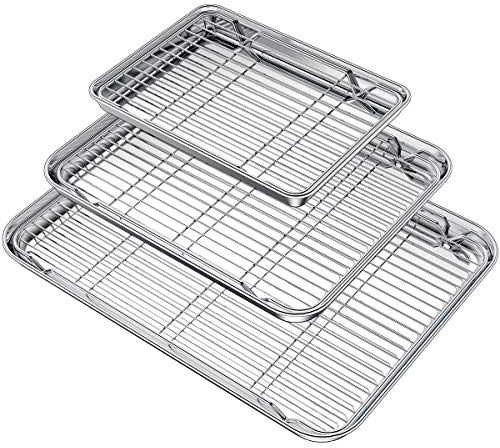 Wildone Plaque de cuisson avec grille (3 poêles + 3 supports), plaque de cuisson en acier inoxydable avec grille de refroidissement, non toxique, robuste et facile à nettoyer