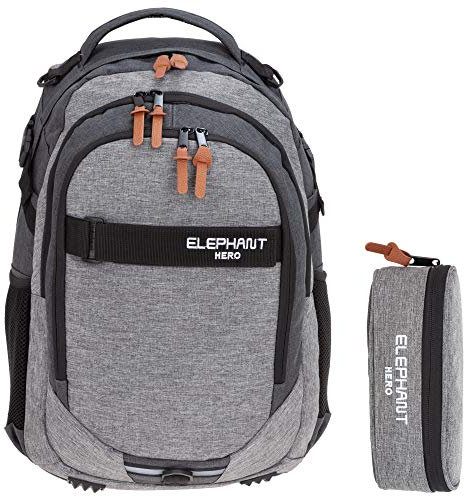 2 Teile Set Rucksack Elephant Signature Hero Schulrucksack 12723 + Mäppchen Box (Two Tone Grey (grau/anthrazit))