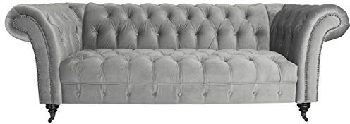 Menzzo Queen Chesterfield 3-Sitzer Sofa mit Samtbezug Silber