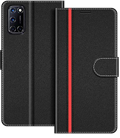 COODIO Coque en Cuir pour Oppo A72, Étui Housse Pochette Fonction Stand pour Oppo A72 / A52, Noir/Rouge