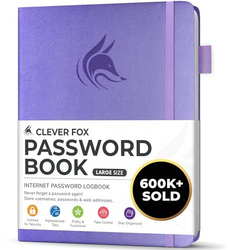 Clever Fox Password Book with Alphabetical Tabs, 18x25 Keeper Lavender | Hardcover 18 x 25cm, large password keeper & internet address book for seniors, office supplies, website login organizer