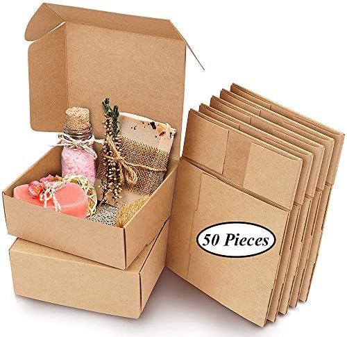 50 Stück Geschenkbox, Kraft Geschenkboxen, Geschenkbox für Kekse, Weihnachtsgeschenkbox, 7,5 x 7,5 x 3cm Brown Kraft Paper Verpackungsbox mit Deckel