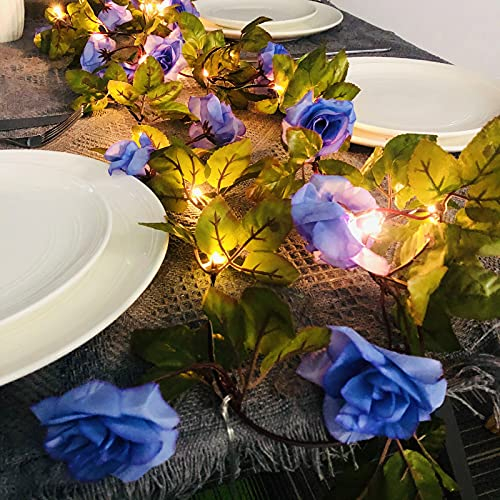 Riaxuebiy Künstliche Rose Lichterketten LED Blumen Reben Girlande Fee Lampe Kranz Batteriebetrieben Angetrieben für Weihnachten Hochzeitsfeier Dekoration (Blau)