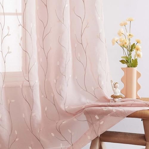 TOPICK Gardine mit Ösen Sheer Vorhang Voile Blumen Stickerei Fenstervorhang Transparent Gaze Gestrickt Gardine Paarig Fensterschal für Wohnzimmer Schlafzimmer Balkontür 140Bx175H (cm) Rosa