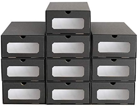 10 x PresentFill® Schubladenbox Aufbewahrungsbox Schuhbox Schuhschachtel Schuhkarton Ordnungsboxen Schwarz transparent Sichfenster stapelbar aus Pappe Karton Schuhaufbewahrung Schuhorganizer