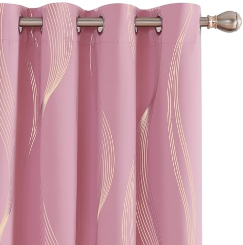 Deconovo Lot de 2 Rideaux Doré Motif Ligne Occultant Thermique Anti Froid, 117x229 CM, Rideau à Oeillets Désign Moderne Chambre Maison Salon, Rose
