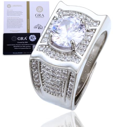 Halukakah Herrenring mit D2,0 ct Moissanit aus Platiniertem 925er Silber mit Zertifikat,Krappenfassung mit Runder Labordiamanten,für Verlobung,Hochzeit,Geburtstag,Größenverstellbar