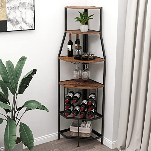 Espelism Portabottiglie angolare a 5 ripiani da pavimento con porta bicchieri e bottiglie di vino, mobili da bar per casa, cucina, sala da pranzo, mensola angolare industriale in metallo e legno