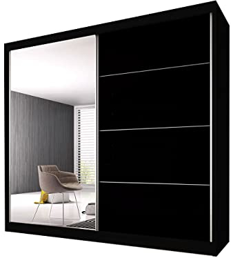 Fabryka Mebli Idźczak Kleiderschrank mit Spiegel, Wohnzimmerschrank - Schwarzer Schwebetürenschrank, Schlafzimmerschrank - 61 x 233 x 218 cm - Schrank für Schlafzimmer, Wohnzimmer, Garderobe