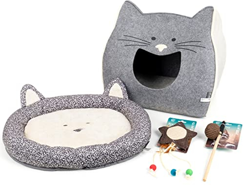 VOSS.PET Cat 3 Set für Katzen, Katzenbett, Katzenhöhle, 2X Katzenspielzeug, Sisal, Jute, Federn, Holz, Filz