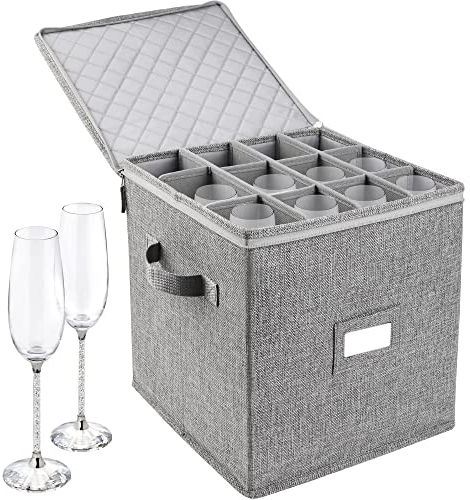 LotFancy Champagne Flute Storage Container, Hard Shell, Stackable, 12 Tall Wine Glass Storage Box with Dividers & Handles, Stemware, Crystal Glassware, Drinkware Case for Moving, Grey