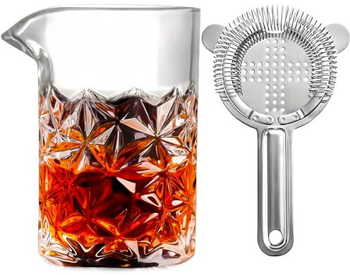 Cocktail Mixing Glass,Mixing Glass Set with Hawthorne Strainer,2 Piece Crystal Cocktail Stirring Glass Kit with Mixing Glass,Bar Gtrainer,Old Fashioned Mixing Glass