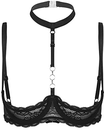 CHICTRY Womens Wet Look Patent Leather Lingerie Quarter Cups Strappy Underwired Bra Tops Clubwear 2# Black M
