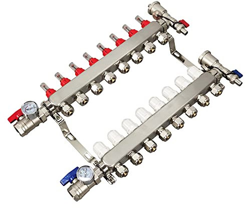 PreAsion Set di collettori PEX da 1/2 in acciaio inox per riscaldamento a pavimento radiante con misuratori di flusso, distributore d'acqua e collettore idraulico, set multiplo (8 rami)