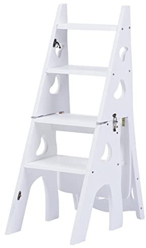 3 in 1 Gradino Pieghevole Convertibile, Sgabello Pieghevole in Legno Scala Portatile Sedia Sgabello Multifunzione Scaletta/Sedia per Casa Biblioteca 4 Gradini, Portafiori (Color : Bianca, S : 47x35x