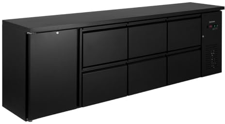 GastroHero Barkühltisch, 687L, Gastronomie, 230 V, Schwarz BKT-ECO1/6 | 6 Schubladen je 30 kg Traglast & 1 Tür, +2°C bis +8°C, LED-Innenbeleuchtung, Digital, 3 Rollen & 3 Füße, 1 Rost inkl.