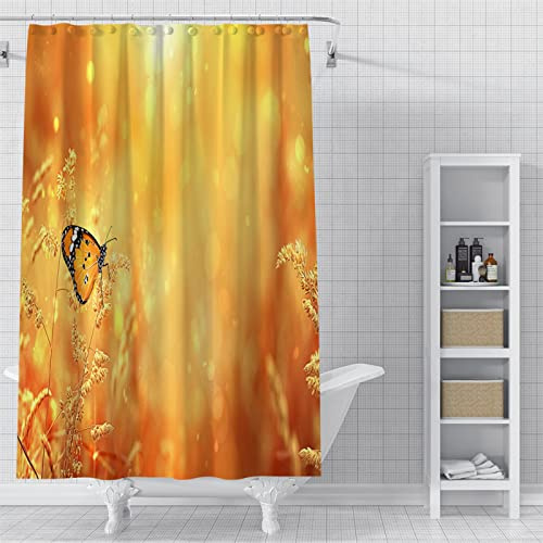 ZZDXW Duschvorhang 180x200 Orange Gelber Schmetterling Polyester Duschvorhänge Waschbar Wasserdicht Schimmelresistent mit 12 Duschvorhangringen für das Badezimmer