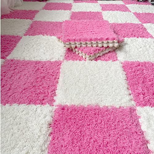 20 Stück Flauschige Ineinandergreifende Schaumstoffmatten-Bodensets,Plüsch-Puzzle-Schaumstoff-Bodenmatte,Flauschige Plüsch-Teppichfliesen für Wohnzimmer,Esszimmer(Color:rosa+weiß)