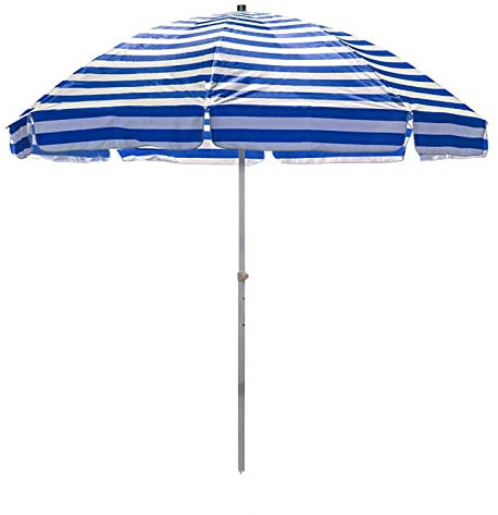 LBONG Sonnenschirm Strand, Gestreifter Strandschirm, Marktschirm knickbar Gartenschirm Rund Terrassenschirm tragbar für Balkon und Terrasse(250cm,Blue and White Stripes)