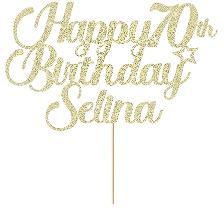 Personalised Happy Birthday Cake Topper Cake Decorations Double Sided Glitter Cake Toppers Custom Gifts for Women Men Friend with Any Age Name on 1st 10th 20th 30th 40th 50th (Champagne Gold)