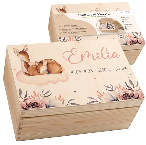 KIDSMOOD Individuelle Erinnerungsbox Baby, Babybox personalisiert mit Wunschdaten, Handgefertigte Baby Holzkiste Aufbewahrungsbox mit Deckel, Erinnerungskiste Baby als Geschenk zur Geburt
