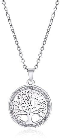 Dreamtimes Collier arbre de vie pour femmes en acier inoxydable couleur or Zircon clair pendentif rond Chaînes de cou Arbre de famille Bijoux de mode (argent)