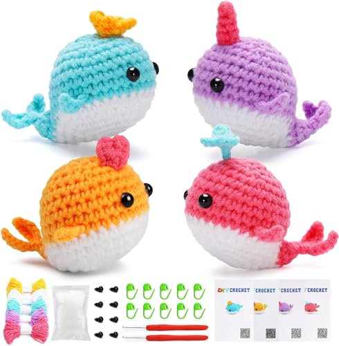 AKOFIC Häkelset für Anfänger - Crochet Set mit Schritt-für-Schritt-Video-Anleitungen, Komplettes Stricken für Anfänger Set, Häkelset Tiere - DIY Bastelset Erwachsene Kinder, 4er-Pack Bunte Wal