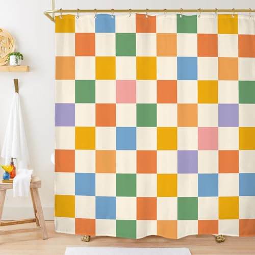 Miyotaa Ensemble de rideau de douche à carreaux rétro des années 70, 152,4 x 180,3 cm (l x H), joli rideau de salle de bain en polyester avec 12 crochets