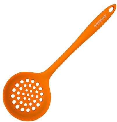 Fackelmann Espumadera de Cocina, Óptima para Freír, Silicona de Tacto Suave, Apta para Sartenes y Ollas con Revestimiento, Resistente hasta 230ºC, Apta para Lavavajillas, Color Naranja, 29x7 cm, 1 ud.