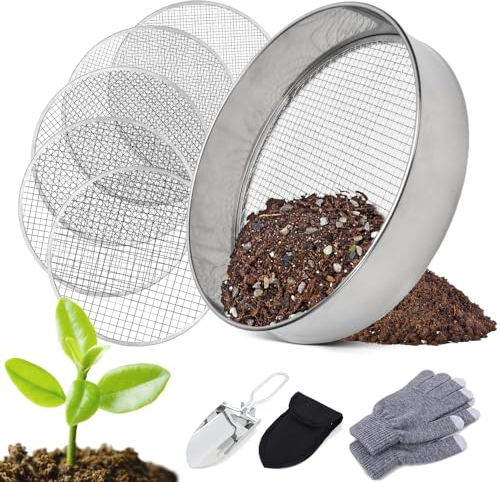 TOPRUNYI Gartensieb aus Edelstahl,5 in1 Gartensieb Rund 20 cm,mit 5 Austauschbare Siebeinsätze Ø 3,6,9,10,12 mm,Garten Rundsieb,Siebmeister 5000,Kompostsieb für Erde, Kompost, Saatgut