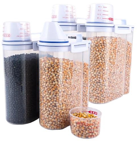 ZOFUN Lot de 4 Boîtes de stockage, 2 L Boite Croquette Chat Boite Cereales, Boite Farine Boîtes de Conservation hermétiques en plastique avec bec verseur, nourriture sèche pour céréales, haricots