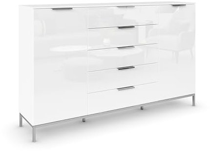 Rauch Möbel Flipp, Kommode mit Stauraum für Wohnzimmer, Schlafzimmer, Flur, 4 Fachböden, mit Metallkufe chrom, Alpinweiß/Glasfront Weiß, 2-türig, Glastüren, 5 Schubkästen, Griffe chrom, 180x111x42cm