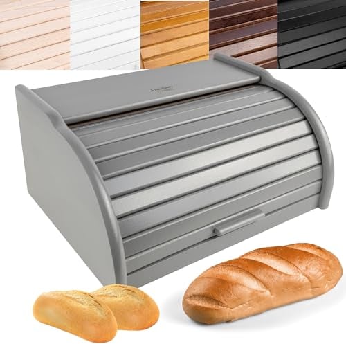 Creative Home Black Wooden Bread Bin | 38 x 28.5 x 17.5 cm (+/- 1 cm) | Natural Beech Wood | Bread Box Container with Roll-Top Lid | Wooden Kitchen Storage box