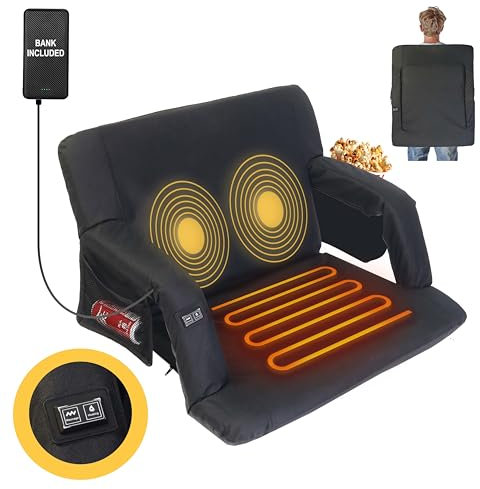 Heated Massage Stadium Seat, 3 Level Heating and Massage 25 Inch Bleacher Chair, Portable Folding Seat with 10,000 mAh Mobile Power Supply for Indoor Stadiums and Baseball Stadiums