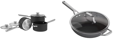 Ninja ZEROSTICK Stackable Cookware 3-Piece Pan Set, Non-Stick, 3 Saucepans, 16cm & ZEROSTICK Premium Cookware 28cm Wok with Glass Lid, Long Lasting, Non-Stick, Hard Anodised Aluminium