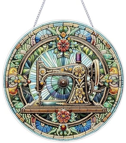 Generisch Nähmaschine Diamond Painting Sonnenfänger Hängender Girlande Diamond Painting Deko Türkranz Diamond Painting Blume Anhänger mit Kette, Wandbehang Kits für Fenster Wand Und Eingang Decor