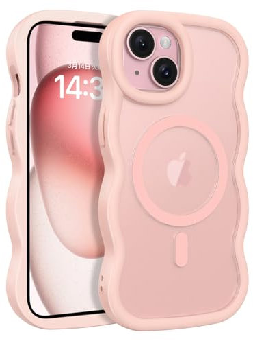 GUAGUA Handyhülle für iPhone 15 Hülle [Kompatibel mit MagSafe] Magnetisch Matt Wellen Design Stoßfest Schutzhülle Rückseite Durchscheinende Phone Case für iPhone 15 (6,1 Zoll) Rosa/Pink