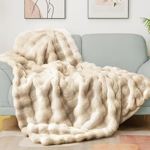 Latepis Faux Rabbit Fur Throw Blanket Fluffy Fuzzy Soft Blanket for Couch Thick Plush Warm Blanket for Bed Sofa for All Seasons Tie-Dye Camel 127 * 152cm, 860gsm