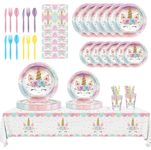 Unicorn Birthday Party Decorations For Girls Pastel Rainbow Unicorn Birthday Party Supplies Dinner plates, napkins , forks, straws, paper cups, tablecloths. For up to 16 people.